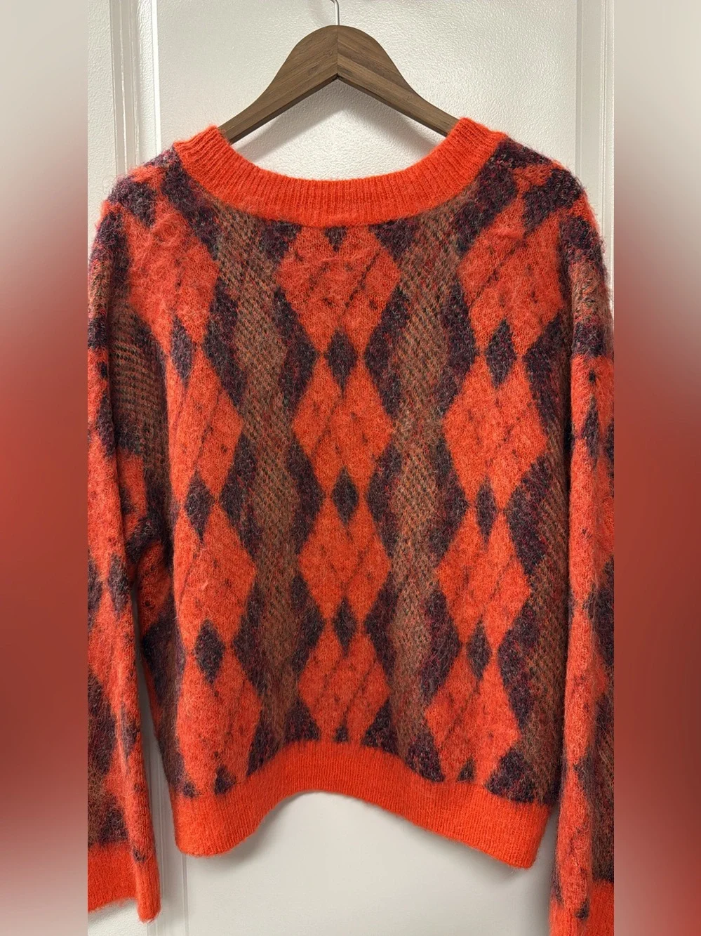 Zara Bright Orange & Brown Argyle V-Neck Sweater